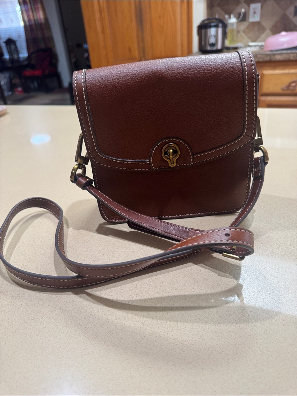 Fossil Chestnut Brown Pebbled Leather Crossbody